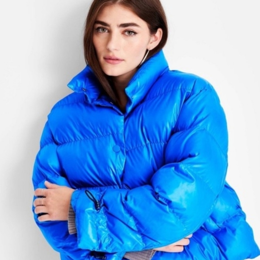 Future Collective with Kahlana Glossy Blue Puffer Jacket Size S - Picture 3 of 6